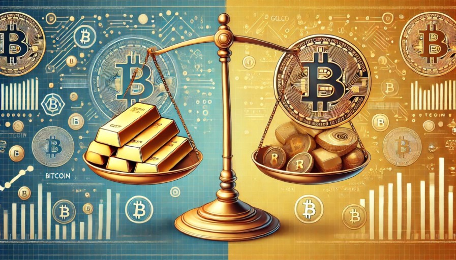 저울에 금과 달러가 놓여 있으며, 둘 간의 상관 관계를 알 수 있는 이미지