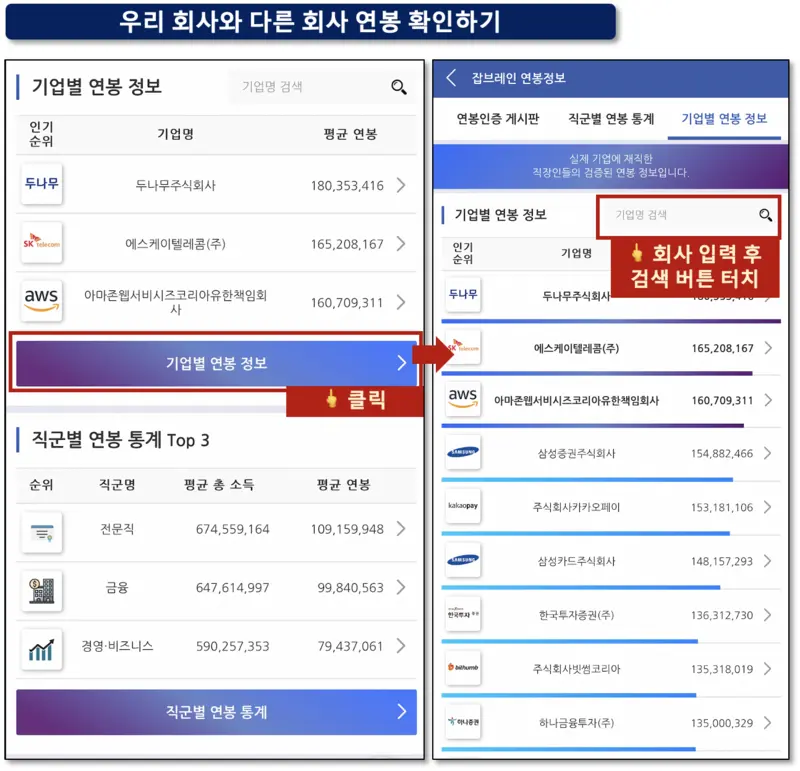 잡브레인 기업별 연봉정보 확인화면