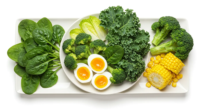 채소와 단백질, 식이섬유가 풍부한 원물이 놓여져 있는 모습