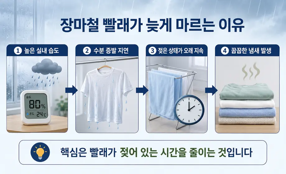 높은 습도로 빨래 건조가 늦어져 장마철 냄새가 발생하는 과정