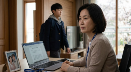 노트북 앞 공무원 엄마와 거리를 두고 걸어가는 사춘기 아들의 모습