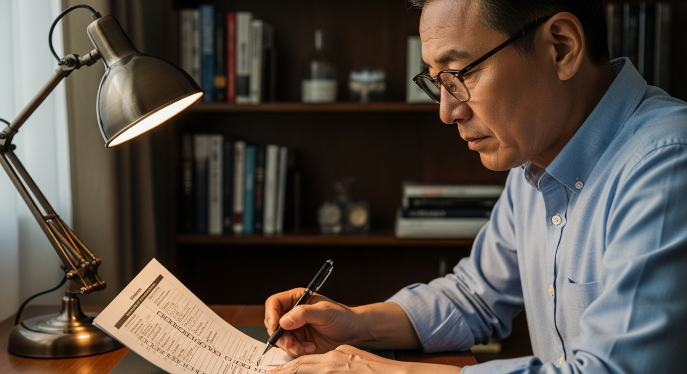 책상에 앉은 50대 후반의 한국인 남성이 안경을 쓰고 펜을 든 채 주택연금 가입조건 체크리스트 서류를 꼼꼼히 검토하고 있는 모습.