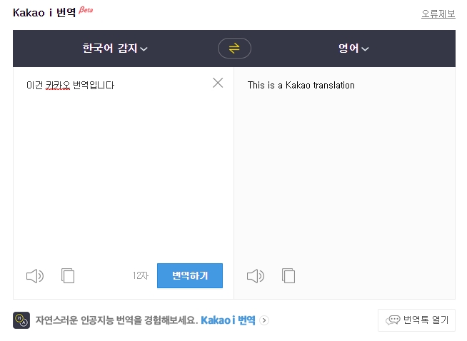 입력한 문장의 언어를 자동으로 감지하여 번역해 주는 기능