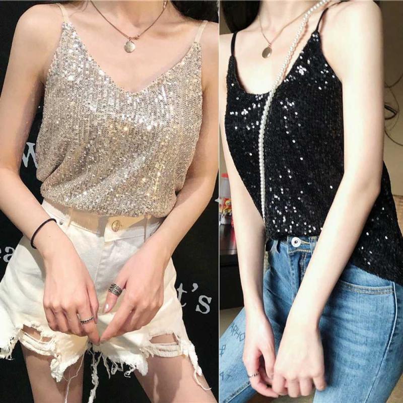 스팽글 나시 티셔츠 민소매 파티 반짝이 슬리브리스