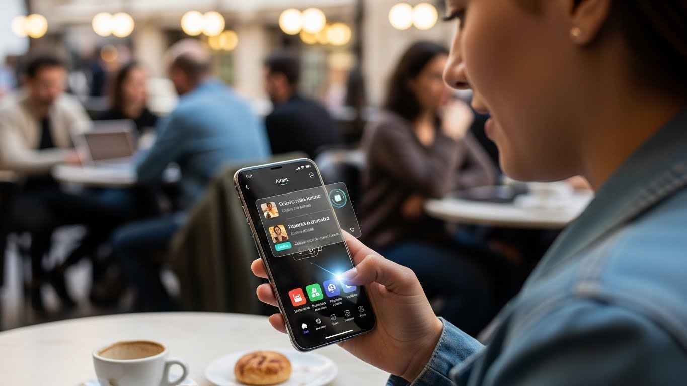 AI 기능이 탑재된 스마트폰으로 실시간 번역을 사용하며 소통하는 사람의 모습