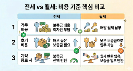 전세와 월세의 비용 및 계약 구조 핵심 비교 인포그래픽