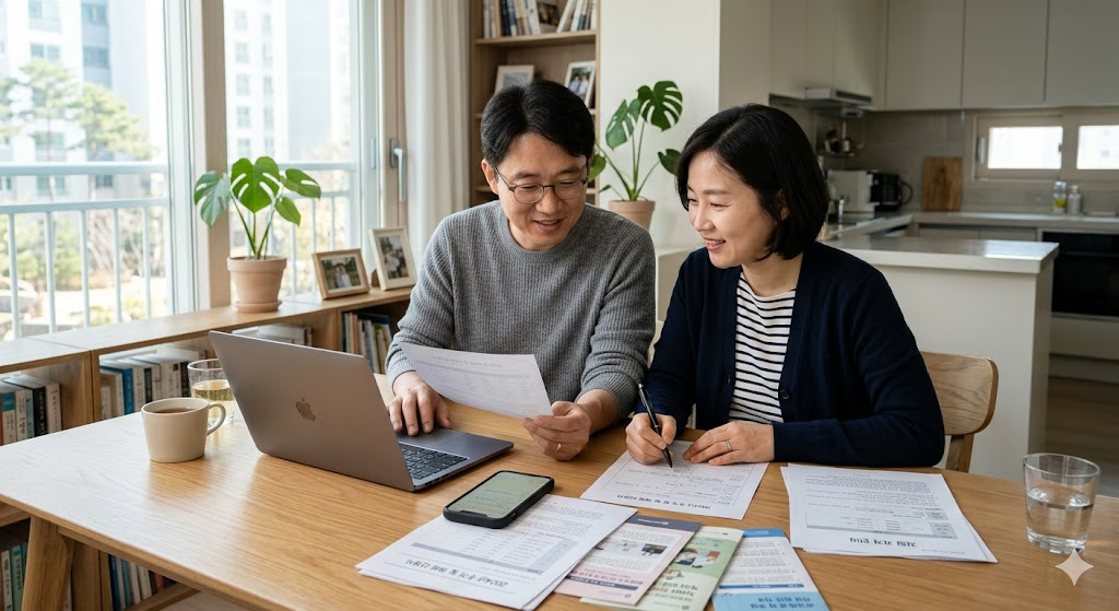 A Korean couple in their 40s reviewing government support application information together at a dining table in a bright apartment. Laptop, smartphone, and official-looking documents are spread across the table. Calm and organized atmosphere. realistic photo, natural lighting, clean composition, professional lifestyle photography, high-resolution detail, no text, no logos, no watermarks