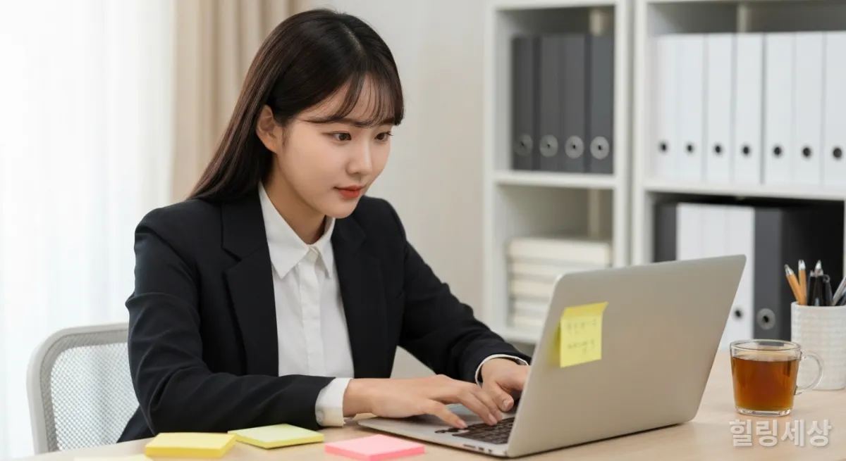 노트북으로 ChatGPT Plus를 활용하여 여행 계획을 세우는 한국인 여성