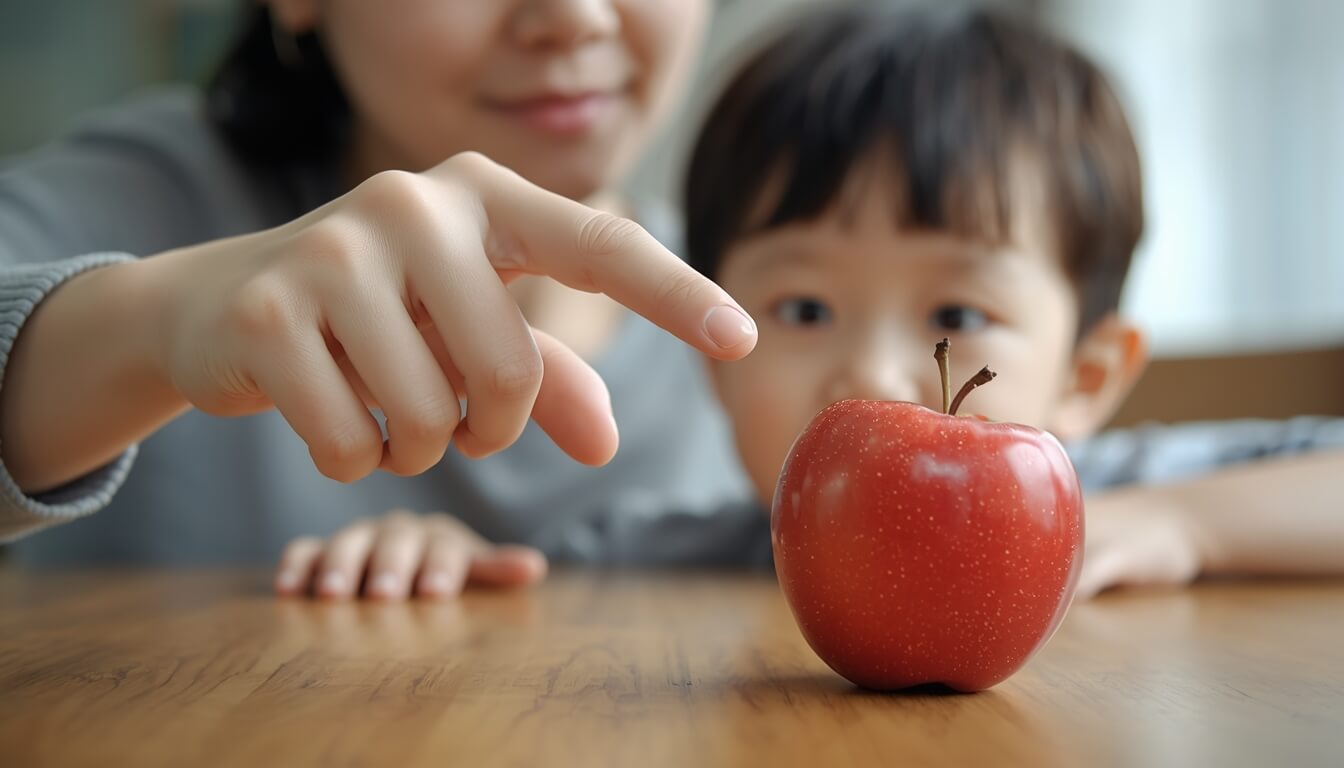 집에서 부모와 함께 사물을 가리키며 언어 자극을 연습하는 아이