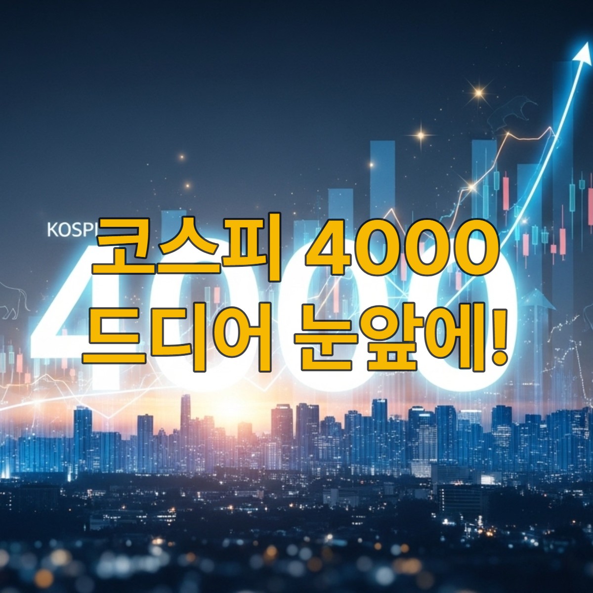 코스피 지수 4000p 돌파를 상징하는 역동적인 주식 시장 차트와 서울 빌딩 숲 전경 이미지