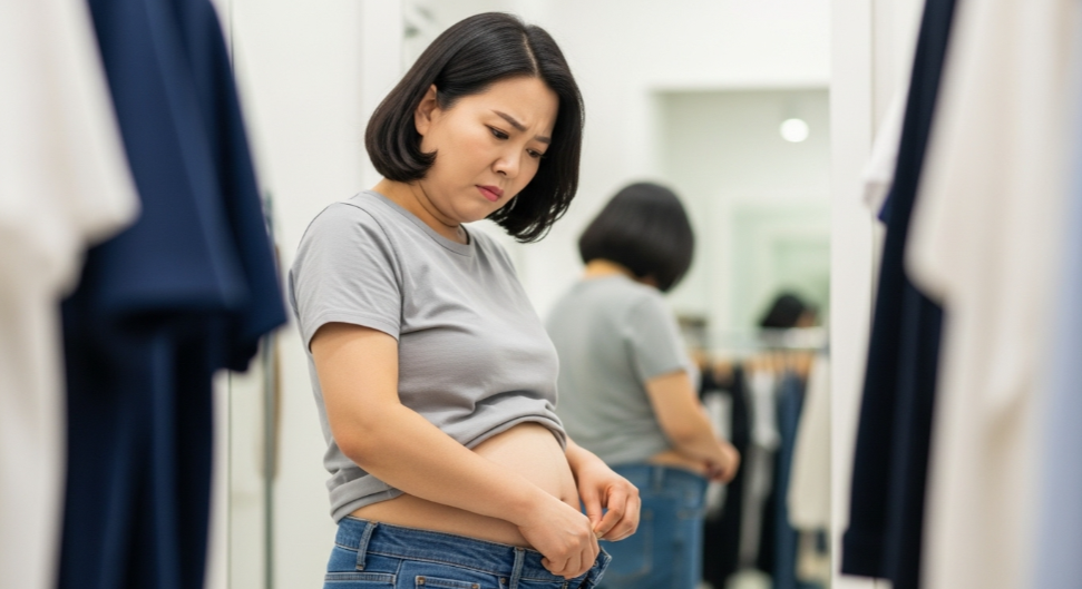 폐경기중년 여성 뱃살만 빠지지 않아 고민하는 모습(AI 이미지)