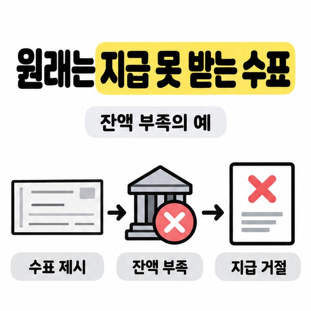 잔액 부족의 예로 수표 제시에서 잔액 부족과 지급 거절로 이어지는 흐름을 보여주는 도식
