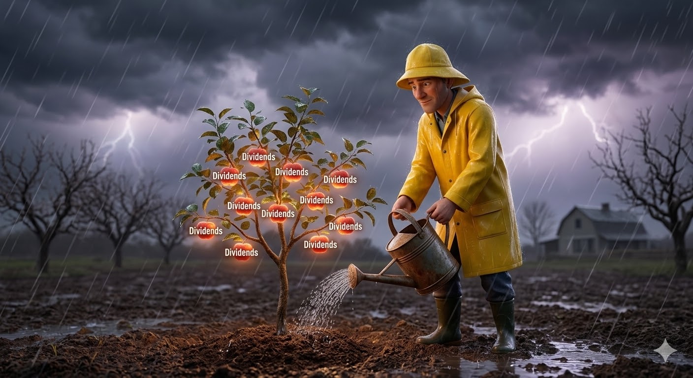 비바람이 치는 하락장에도 꿋꿋이 사과나무에 물을 주는 농부와, 그 나무에 열린 작은 사과가 훗날 큰 열매가 되는 모습