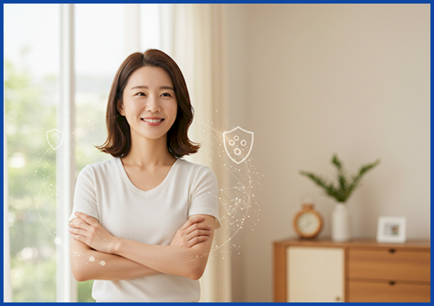 건강한 일상을 보내는 한국 여성의 모습과 그녀를 둘러싼 면역력 보호막을 나타내는 일러스트. 면역력 강화의 중요성을 시각적으로 표현합니다.