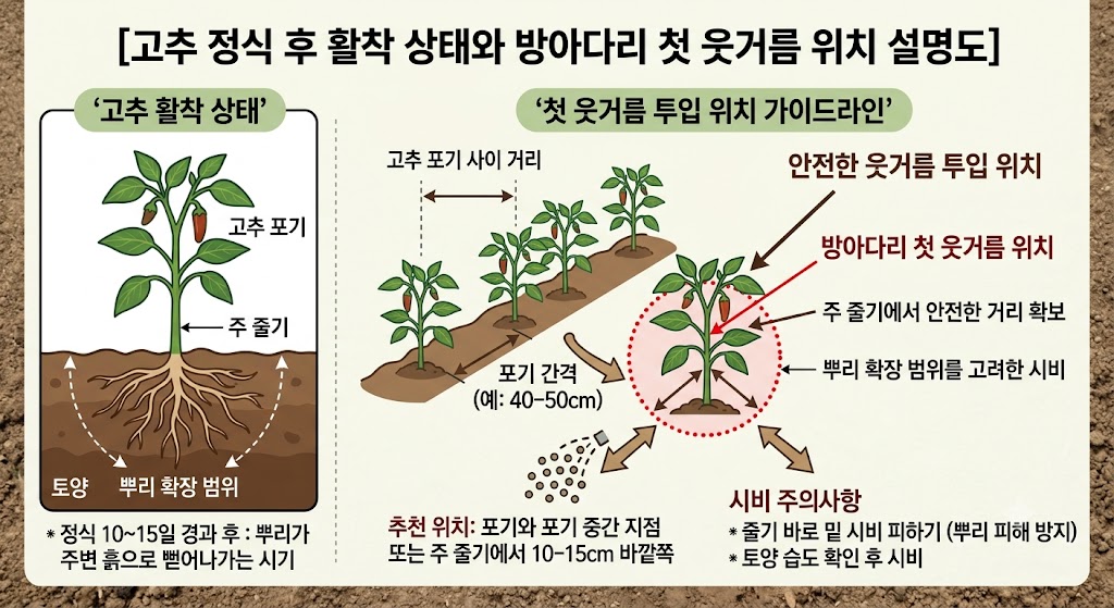 고추 포기 사이의 거리와 뿌리 확장 범위를 고려한 첫 웃거름 투입 위치 가이드라인