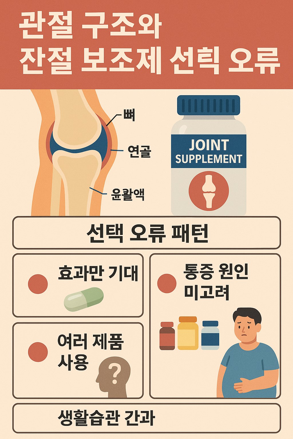관절 구조와 관절 보조제 선택 오류 패턴을 함께 정리한 인포그래픽