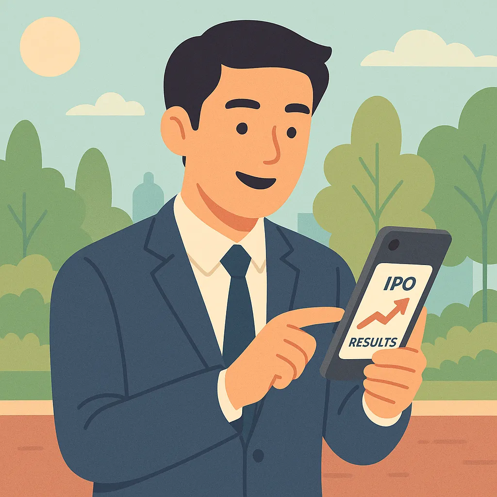 공원에서 스마트폰으로 IPO 결과 확인하는 남성 일러스트