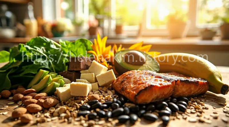 연어, 바나나, 치즈, 견과류, 아보카도 등이 놓인 모습