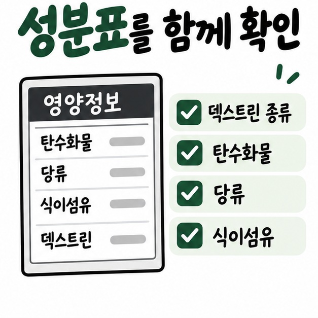 제품 성분표에서 덱스트린 종류와 탄수화물, 당류, 식이섬유를 확인하는 체크리스트 카드