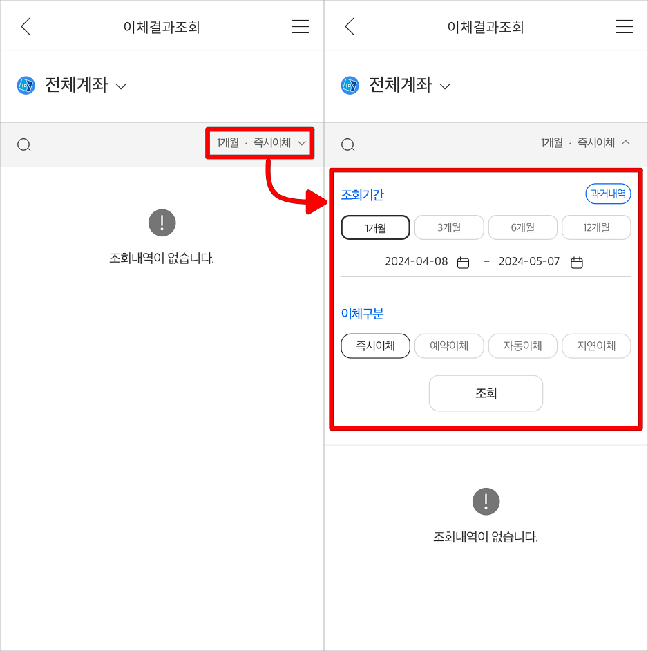 '1개월·즉시이체' 부분을 선택하고, 조회기간, 이체구분을 설정
