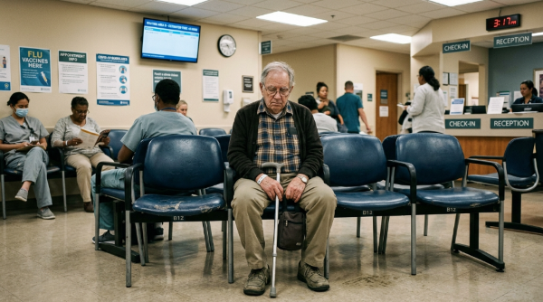 일찍부터 병원 대기실에서 번호표를 들고 기다리는 시니어의 모습