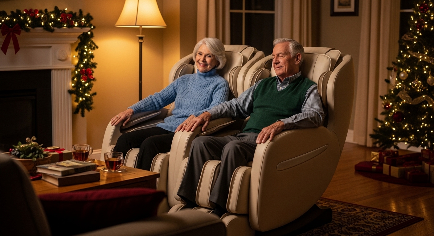 아늑한 거실에서 안마의자에 앉아 편안하고 행복한 미소를 짓고 있는 노부부의 모습.