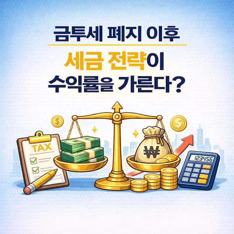 2026년 금투세 폐지 이후 투자자 세금 전략의 중요성을 강조하는 이미지. 수익률 격차를 만드는 절세 공식과 자산 배분 구조의 핵심을 시각화.