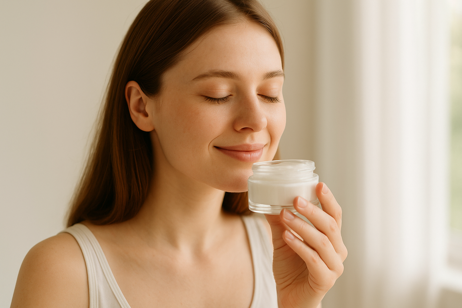 여성이 화장품 용기를 열어 화장품의 향을 맡고 있는 이미지