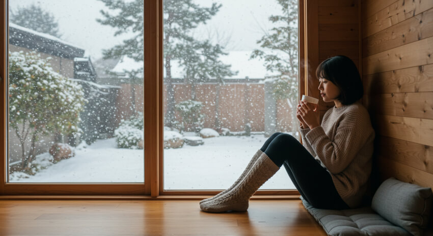 겨울철에도 따뜻한 패시브하우스 실내에서 커피를 마시는 여성