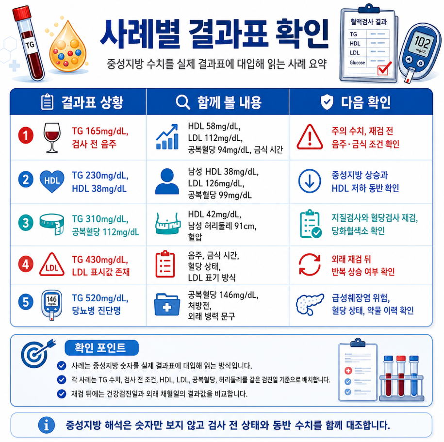 중성지방 수치를 실제 결과표 사례에 대입해 TG, HDL, 공복혈당, LDL 표시값, 당뇨병 진단명별 다음 확인 내용을 정리한 메디컬 인포그래픽