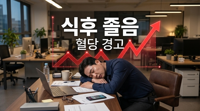 사무실 책상에 엎드려 잠든 직장인과 급격히 치솟는 붉은색 그래프로 식후 졸음 및 혈당 경고를 표현한 컨셉 이미지