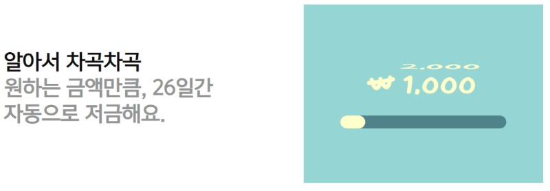 카카오mini 26일 저금 안내
알아서 차곡차곡 원하는 금액만큼, 26일간 자동으로 저금해요.