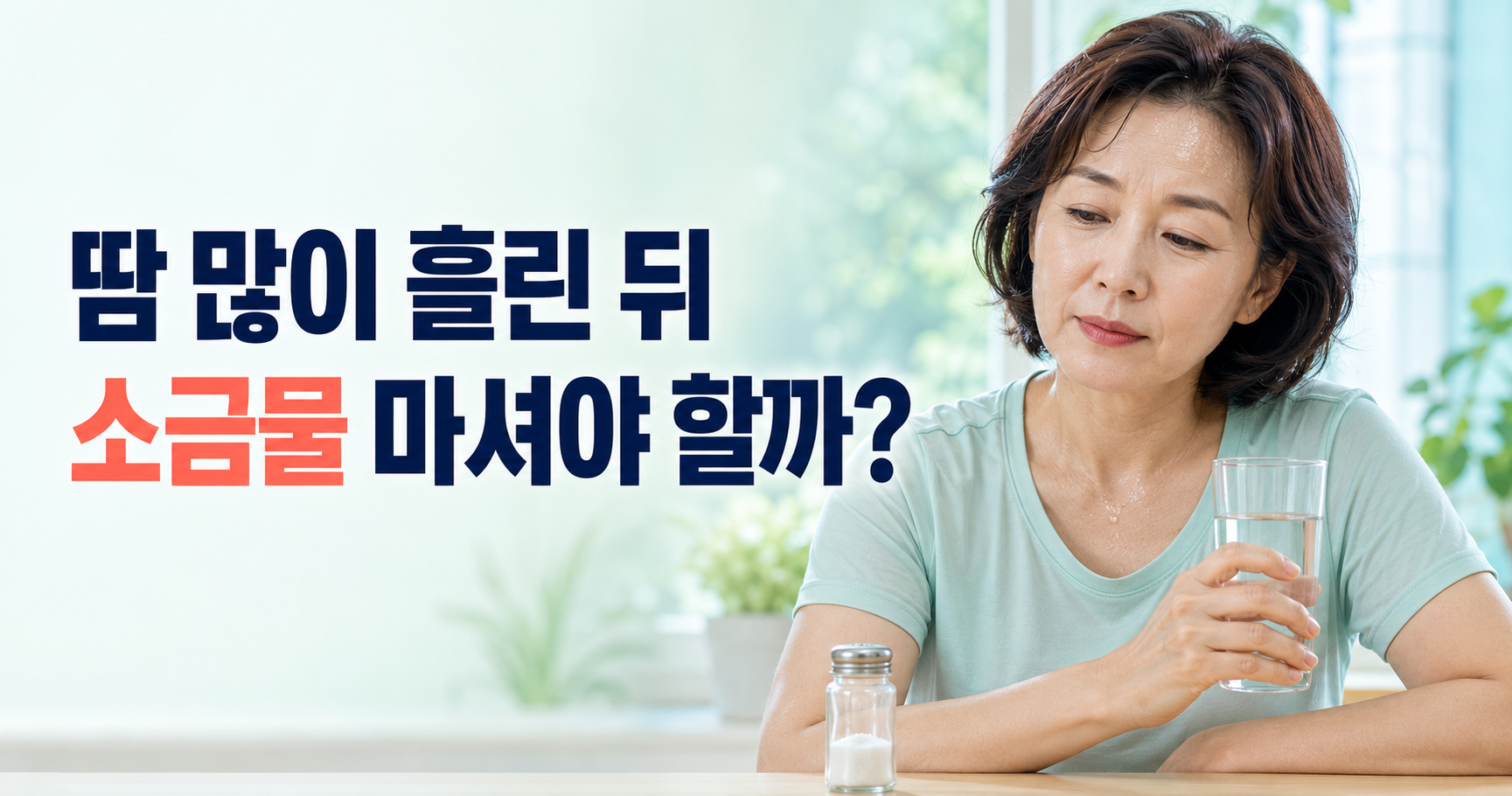 땀을 많이 흘린 뒤 소금물을 마셔야 할지 고민하는 중년 여성