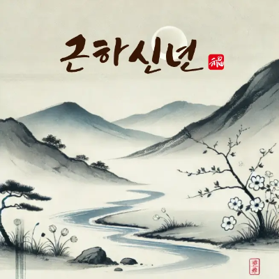 근하신년-문구-소나무-계곡-매화-산