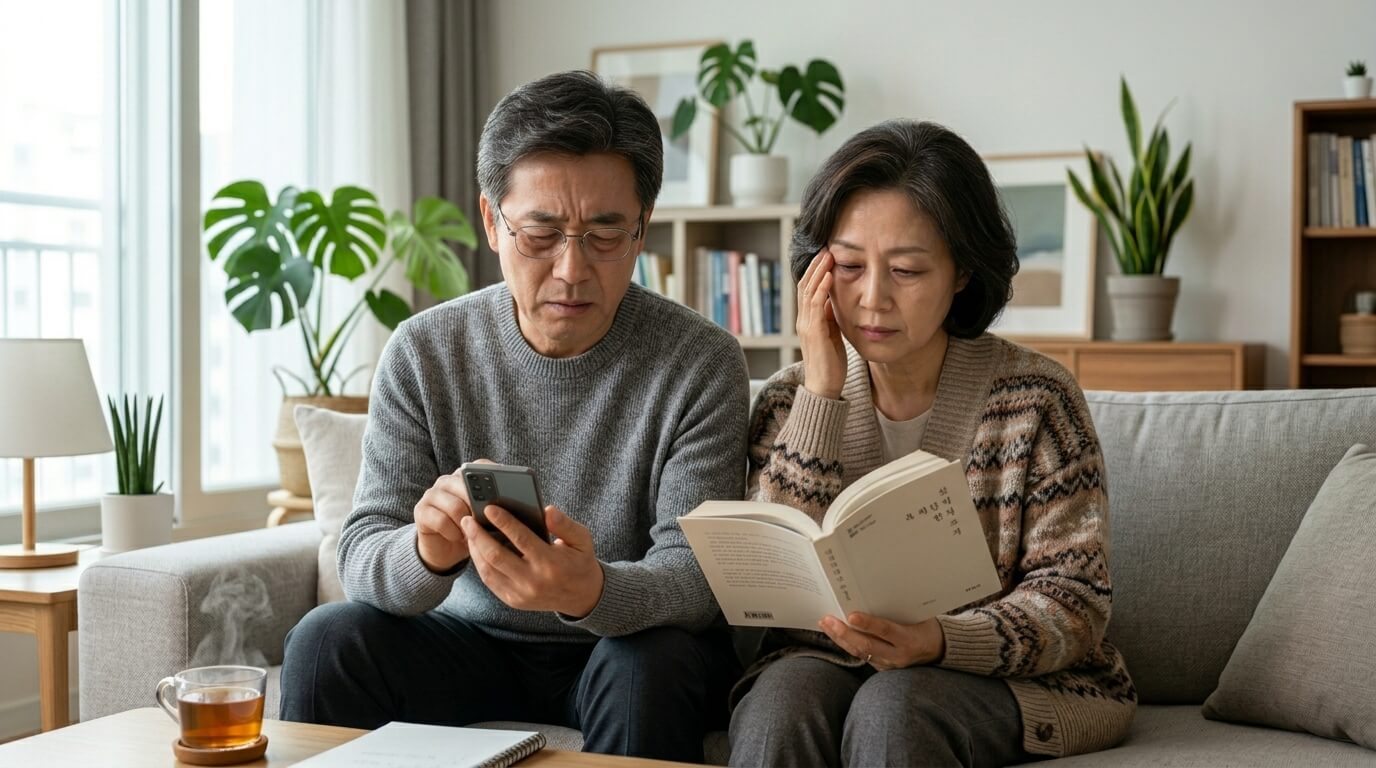 스마트폰과 책을 보며 눈의 피로를 느끼는 중년 남녀