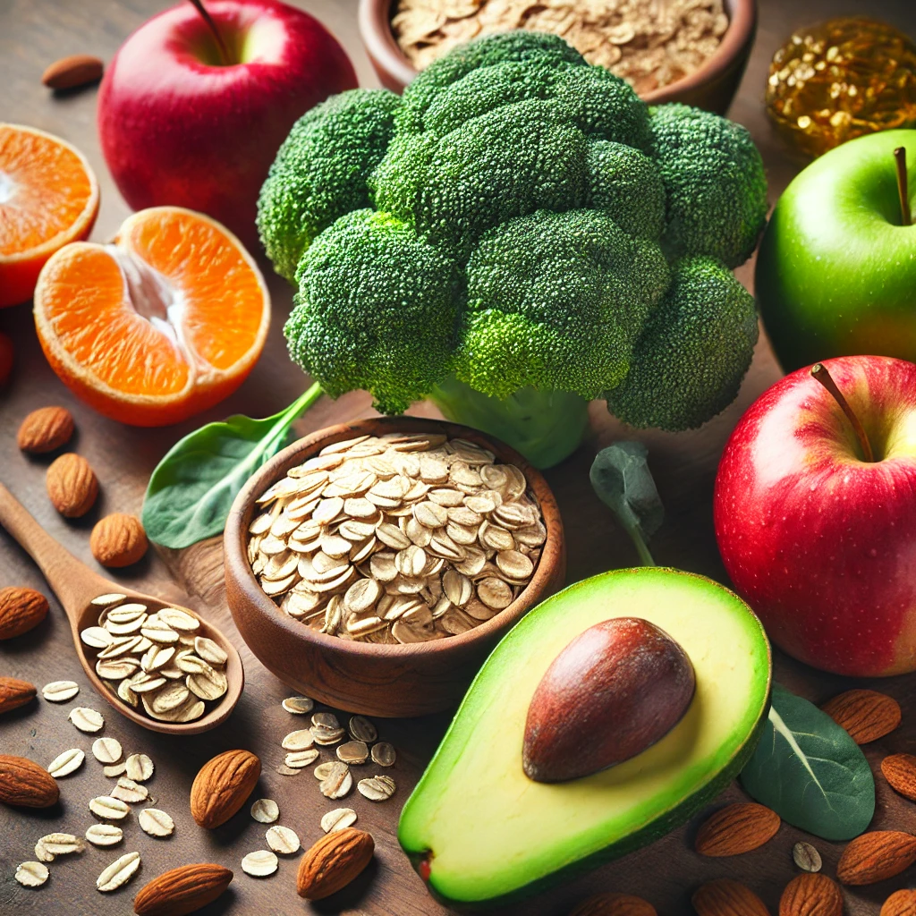 섬유질이 풍부한 브로콜리, 오렌지, 사과, 아보카도