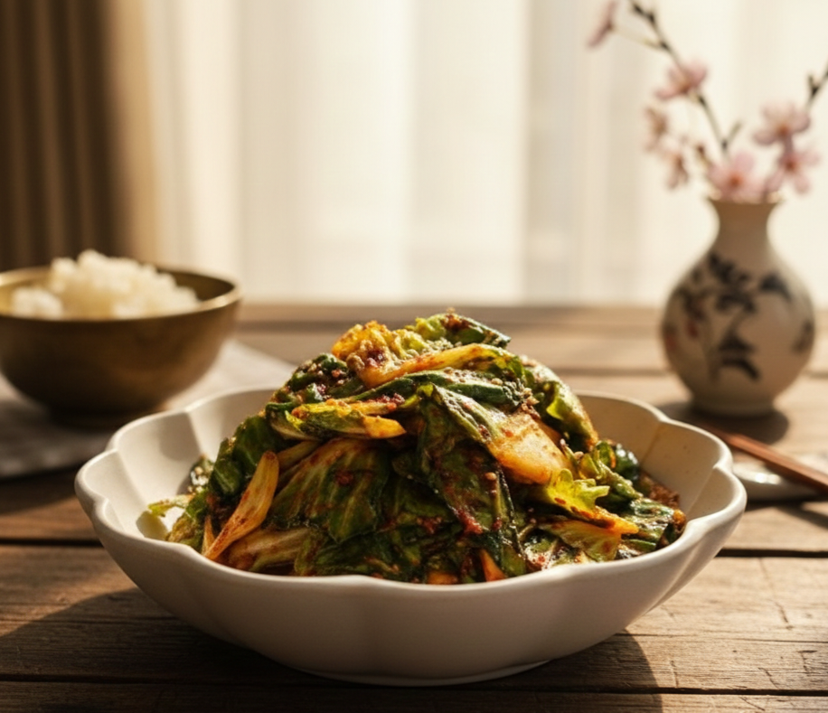 따뜻한 밥과 봄동 겉절이가 있는 식탁