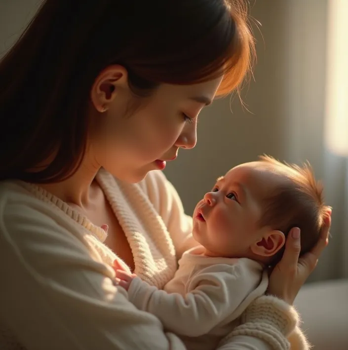 신생아 아토피 초기증상이 있는 아기를 바라보는 엄마