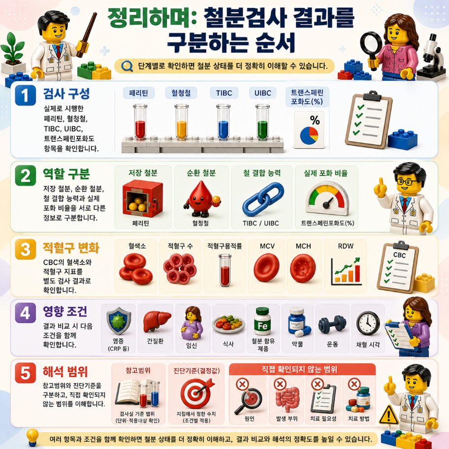 11. 레고 스타일로 정리한 철분검사 결과를 구분하는 순서와 검사 항목·영향 조건·해석 범위 인포그래픽
