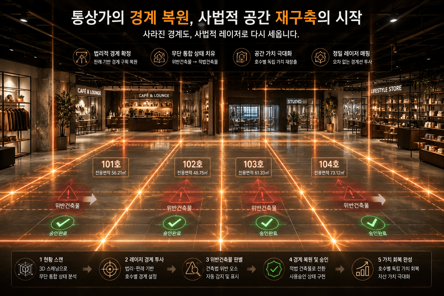 독립성이 상실되어 위반건축물 리스크를 안은 오픈상가에 정밀한 법리 규격과 복원 프로토콜을 투사하여 적법하고 가치 있는 자산으로 재정립하는 과정을 묘사한 인포그래픽 이미지