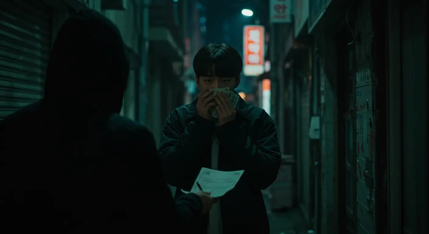 어두운 골목에서 불법 사금융업자와 집주인 모르게 보증금 대출 계약을 하는 위험한 모습