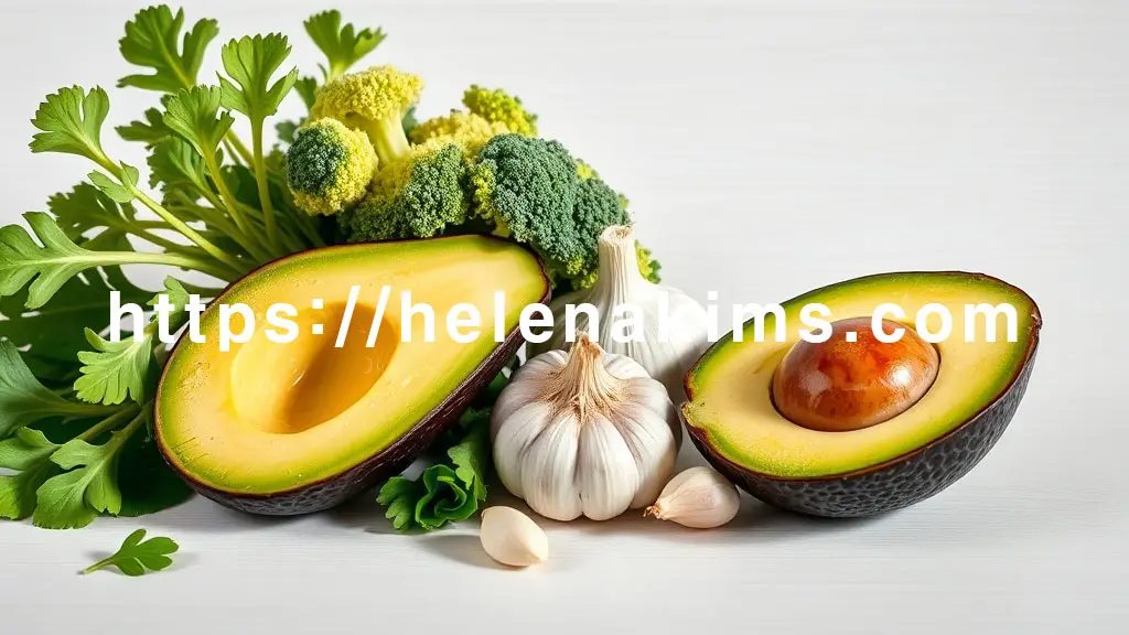 깨끗한 흰색 배경 위에 신선한 쑥, 먹기 좋게 손질된 브로콜리 그리고 마늘, 잘 익은 아보카도 반쪽이 조화롭게 놓여 있는 이미지.