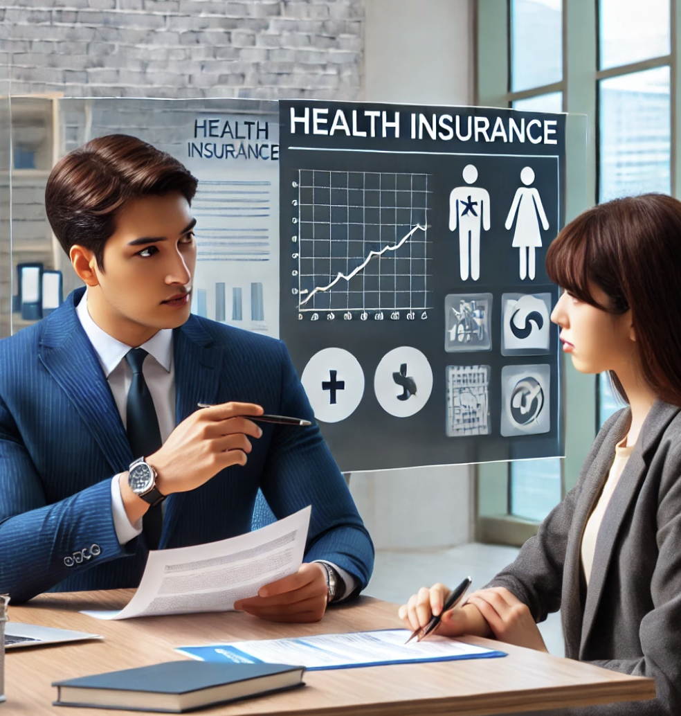 사업주가 직원과 의료비를 논의하는 사무실 장면.