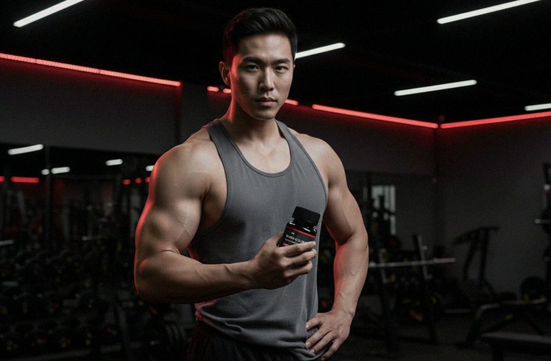 Korean Asian man in 30s taking supplements with water bottle at gym