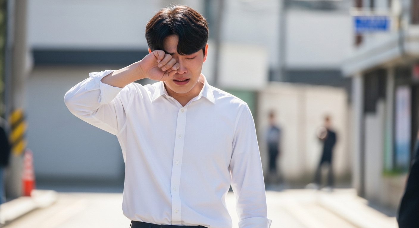 갑자기 울컥한 듯 눈물을 훔치는 청년
