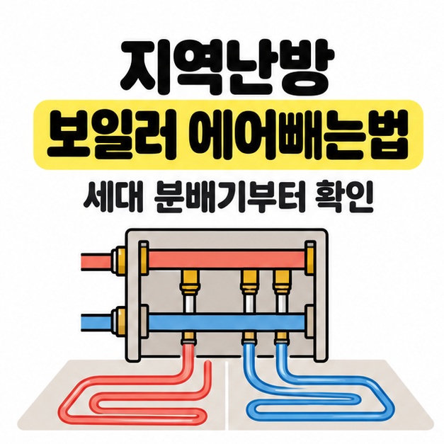 지역난방 보일러 에어빼는법이라는 제목 아래 분배기와 바닥 난방 배관을 연결해 세대 분배기부터 확인하도록 안내한 그림.