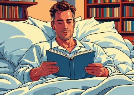 취침 전 침대에서 한 남성이 독서를 하고 있습니다.