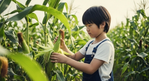 아이와 함께 초당옥수수를 손질하는 모습&amp;#44; 따뜻하고 가족적인 분위기