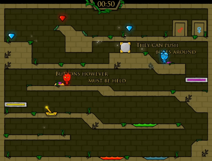 불물게임-2인용-게임하기-1-포레스트템플-플레이-소녀가-보라색-버튼을-눌러-장치를-작동시키는-화면