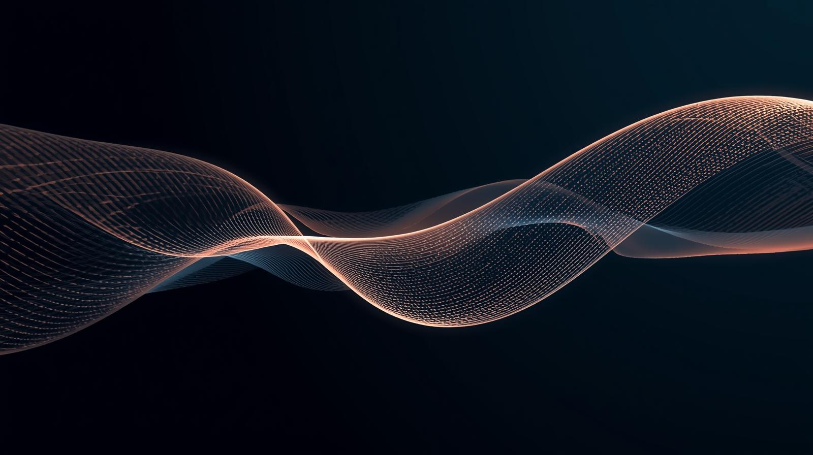 어두운 배경 위로 부드럽게 물결치는 전기에너지와 같은 유기적 선들이 중첩되어 있습니다. 파란색과 보라색의 그라데이션이 빛나는 추상적인 디지털 파동의 형태로, 복잡한 인공지능의 사고 체계와 데이터의 흐름을 시각화한 모던하고 심플한 그래픽 이미지입니다.
